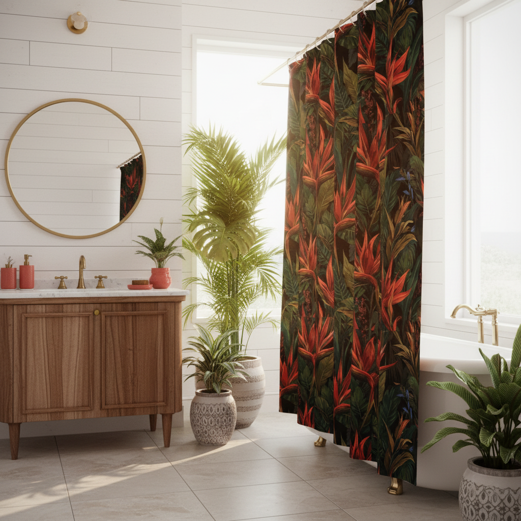 Beautiful sunny coastal bathroom with tropical shower curtain with coral red exotic flowers and green palm leaves, elegant white bathtub, rich natural wood vanity, coral red accessories, abundant green plants, white shiplap walls, warm sunlight