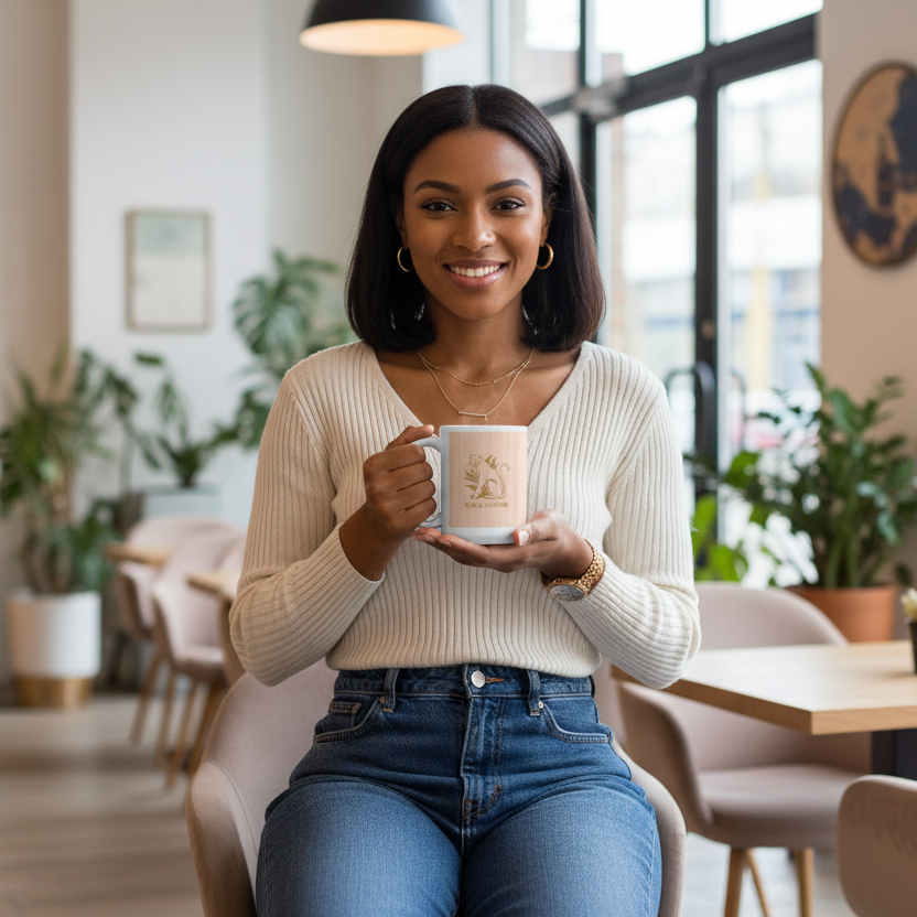Beautiful woman enjoying coffee with large white Black Panther mug radiating warmth and positive energy