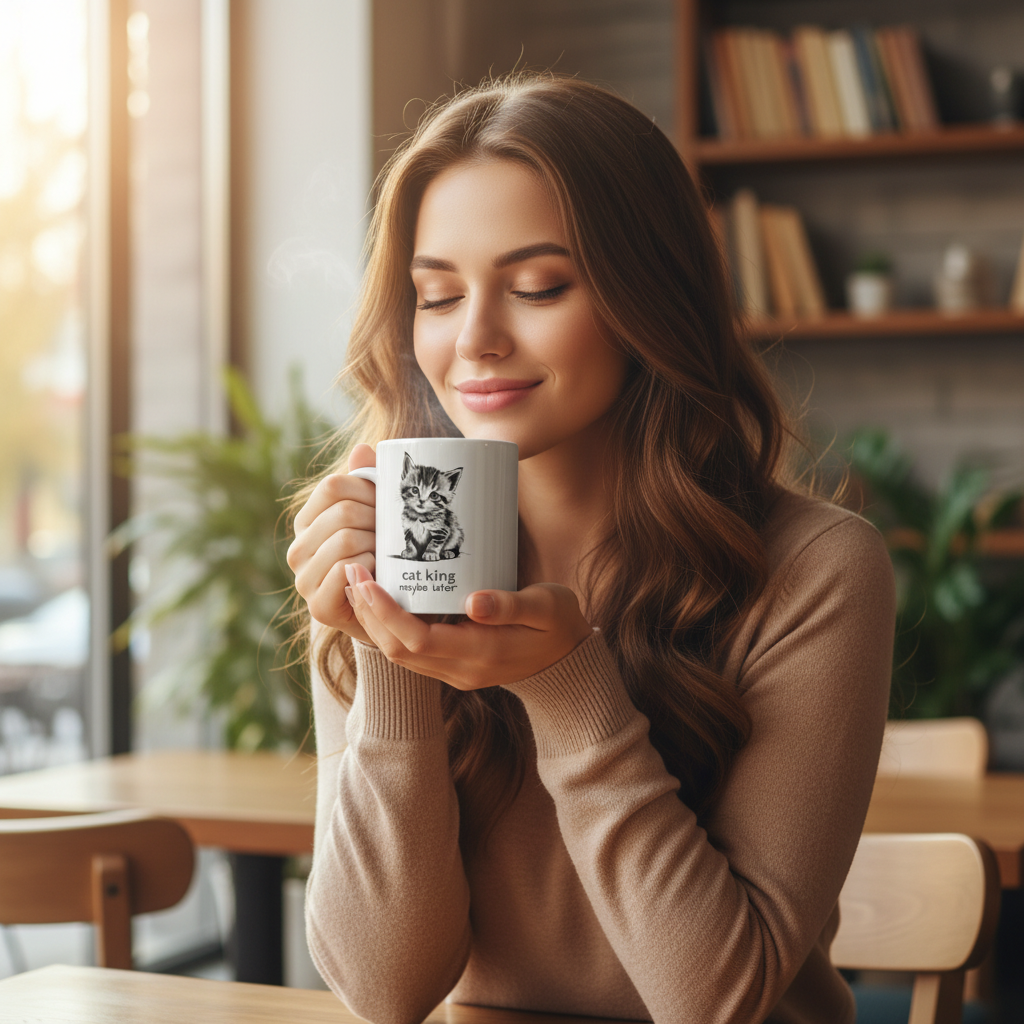 Beautiful woman holding white mug with cute cat design enjoying cozy moment