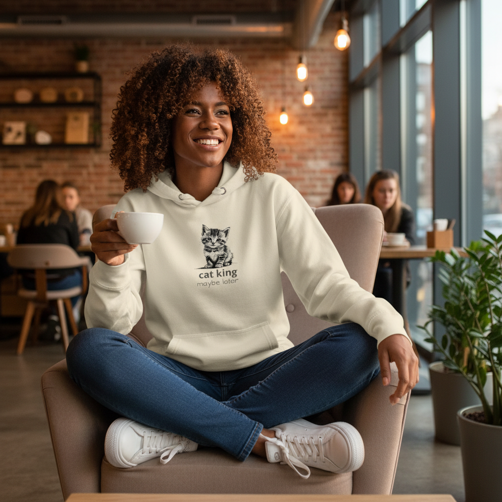 Beautiful woman in beige hoodie with cute cat design in cozy setting