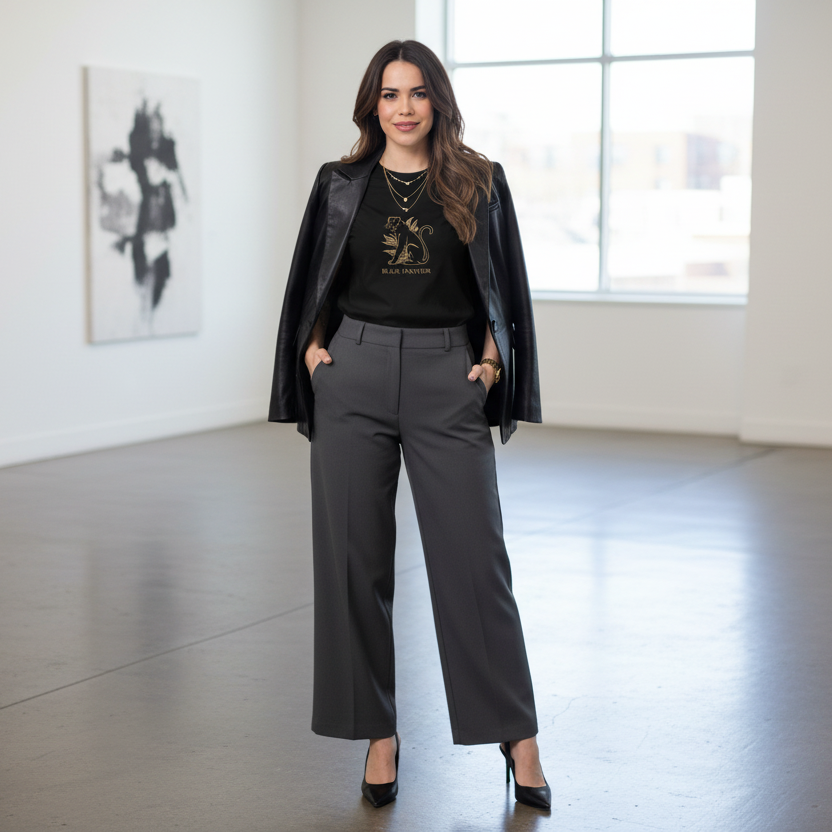 Beautiful woman in black Black Panther t-shirt with sophisticated modern outfit and leather jacket