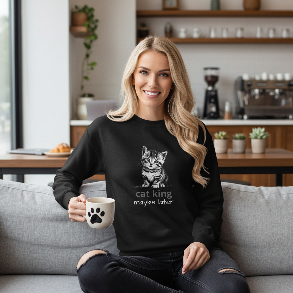Beautiful woman in black sweatshirt with cute cat design in modern setting