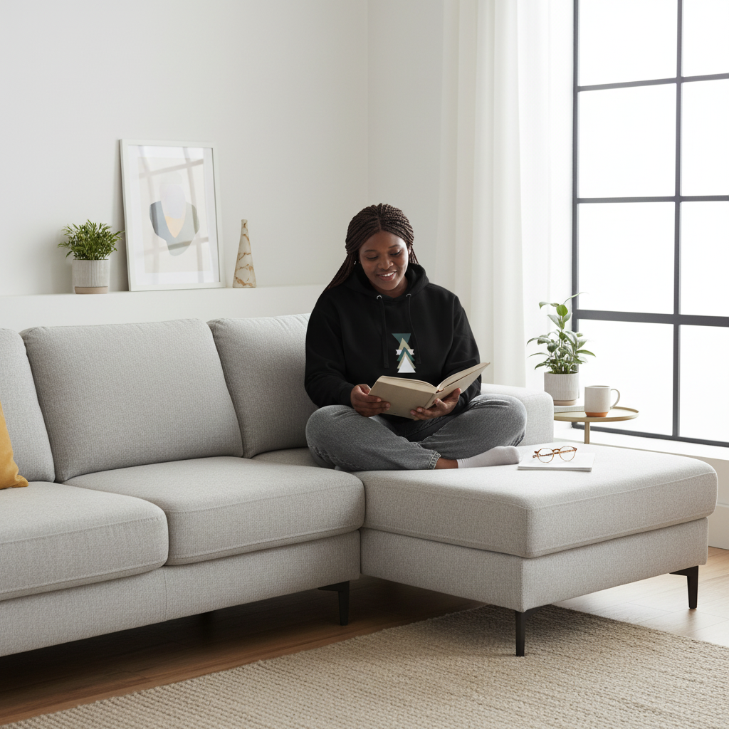 Beautiful woman in black triangle hoodie relaxing