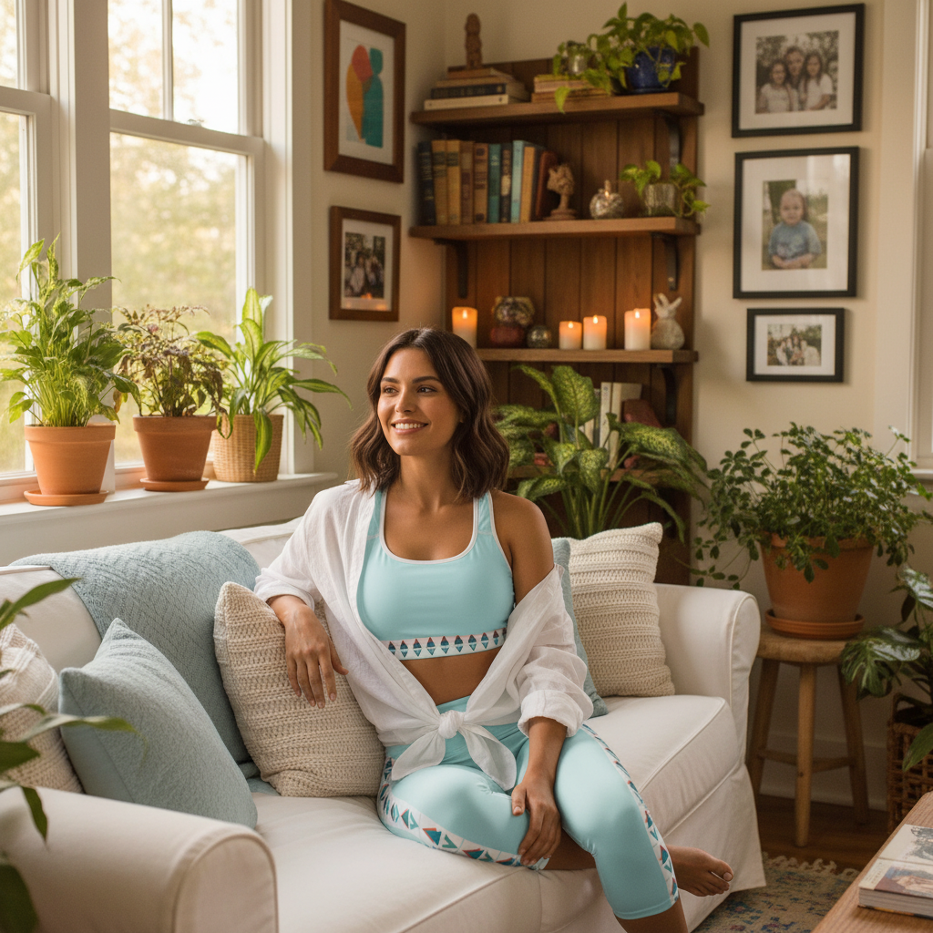 Beautiful woman in light blue geometric activewear with white linen shirt tied at waist in cozy sunroom with plants and personal touches