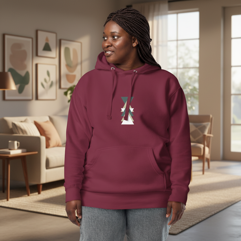 Beautiful woman in maroon hoodie with triangle pattern