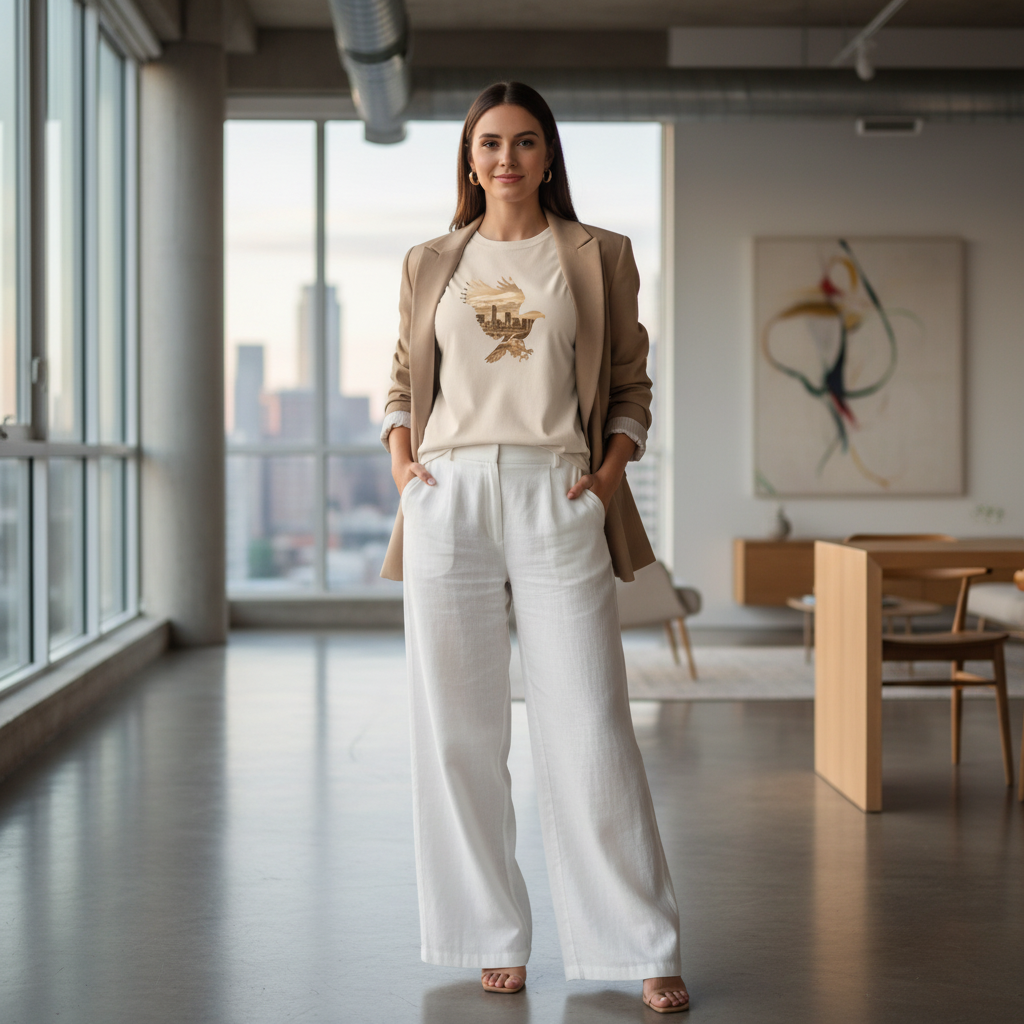 Beautiful woman in natural beige eagle t-shirt with white linen pants and blazer