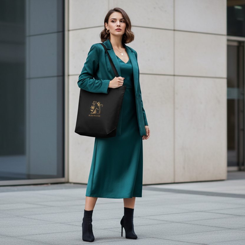 Beautiful woman in teal luxury outfit carrying black Black Panther eco tote bag