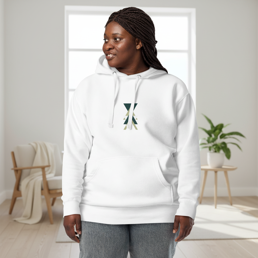 Beautiful woman in white hoodie with triangle design