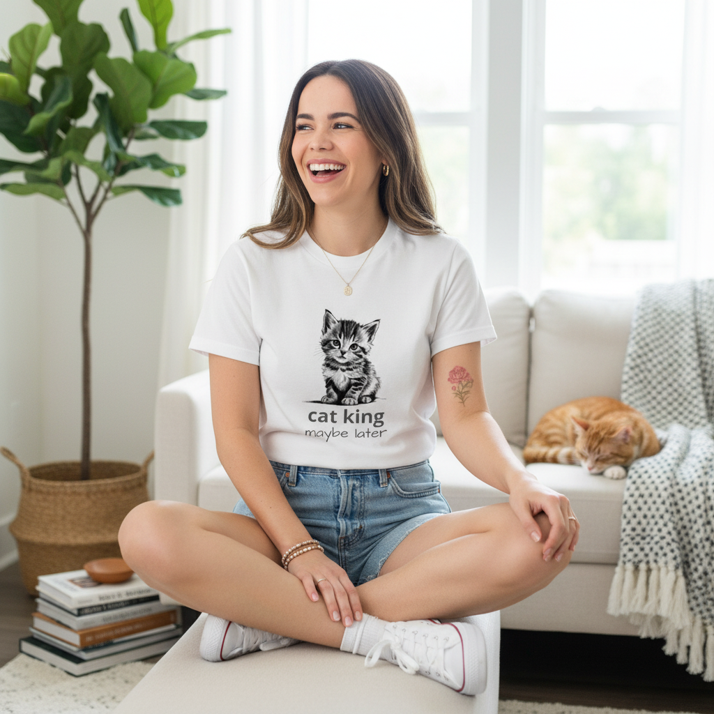 Beautiful woman in white t-shirt with cute cat design in bright cheerful setting
