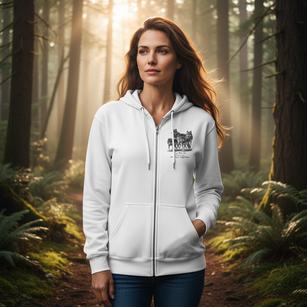 Beautiful Woman in Wolf Pack Hoodie Forest Lifestyle