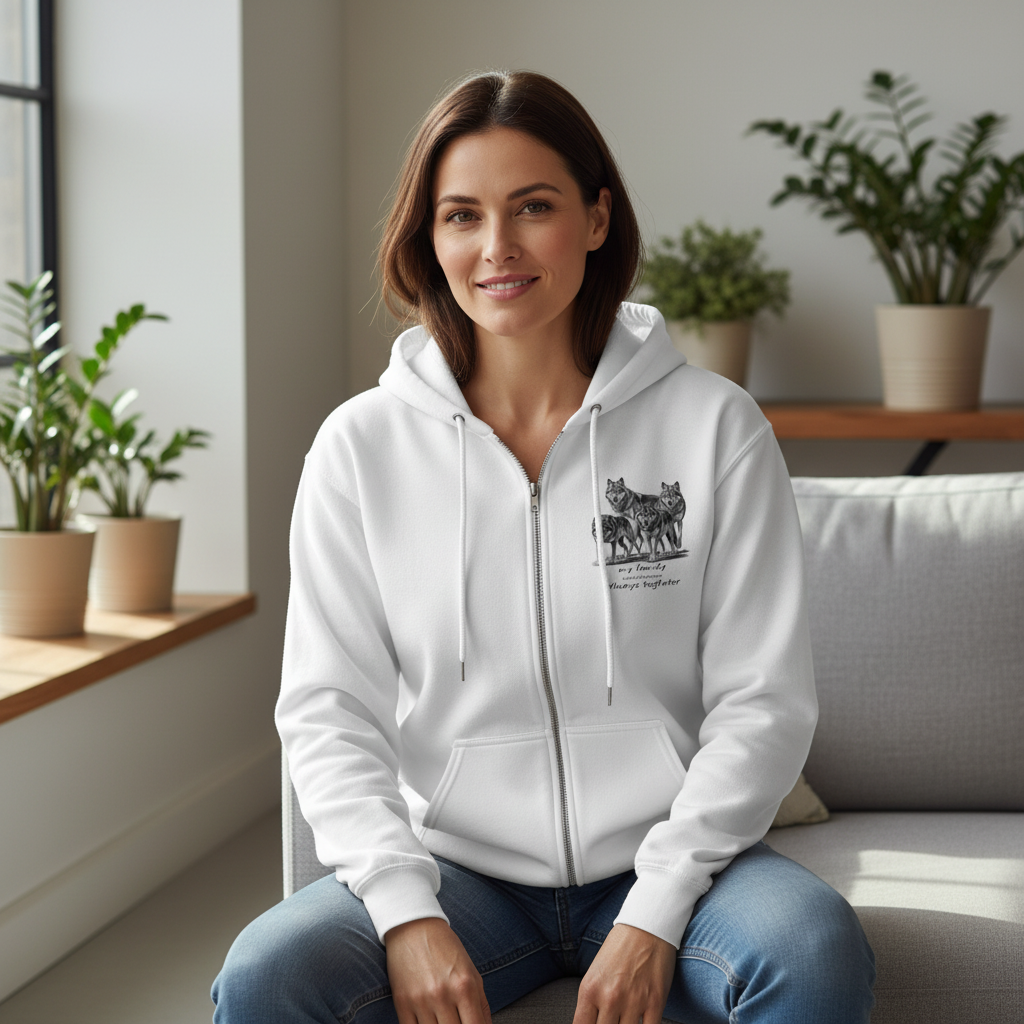 Beautiful Woman in Wolf Pack Hoodie Indoor Lifestyle