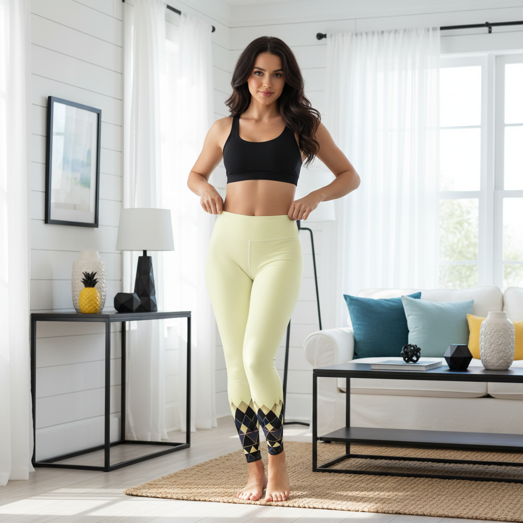 Beautiful woman in yellow leggings with black geometric pattern at ankles in coastal interior