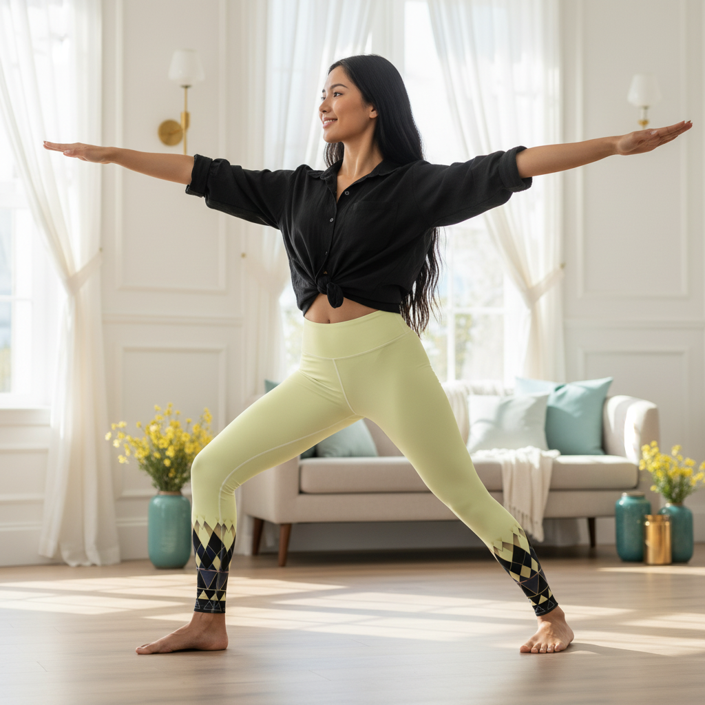 Beautiful woman in yellow leggings with black shirt doing warrior yoga pose
