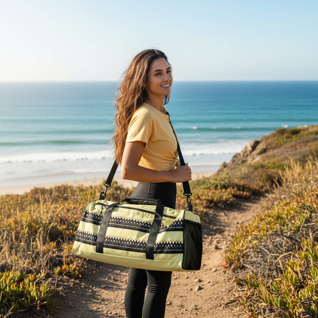 Beautiful woman in yellow top and black pants with yellow black duffle bag along coastal path