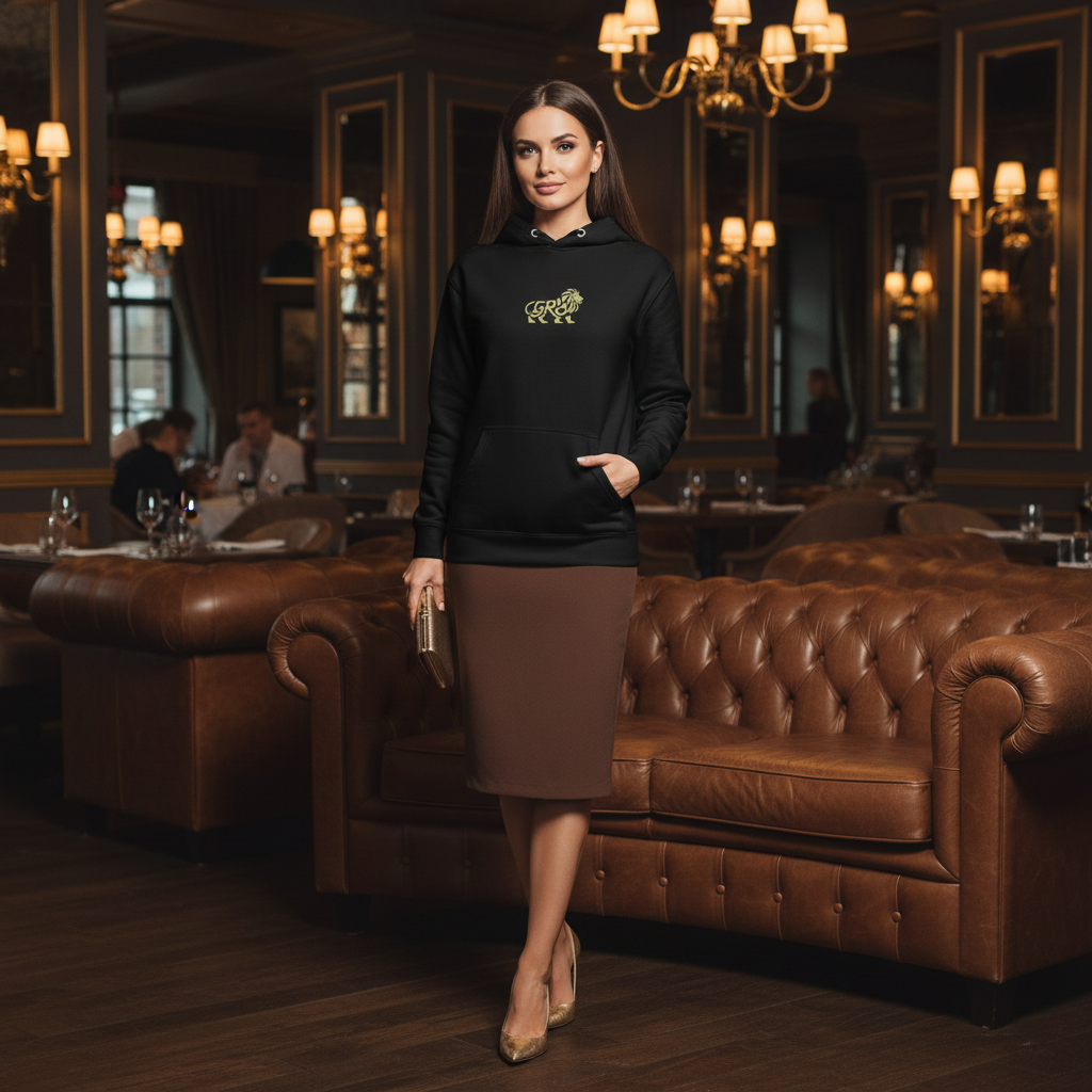 Beautiful woman wearing black gold lion hoodie loosely over chocolate brown pencil skirt in elegant restaurant