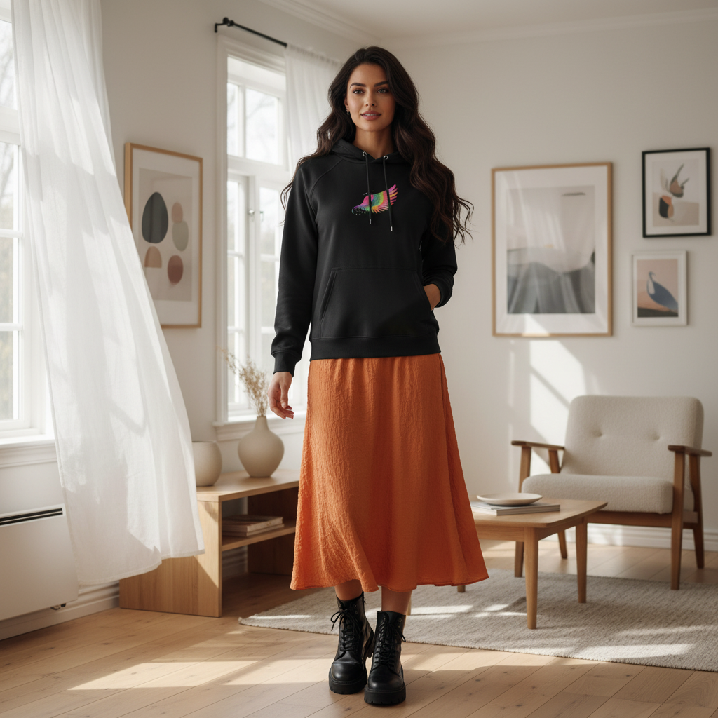Beautiful woman with long hair in feather hoodie with orange skirt in sunny Scandinavian interior with art and sheer curtains