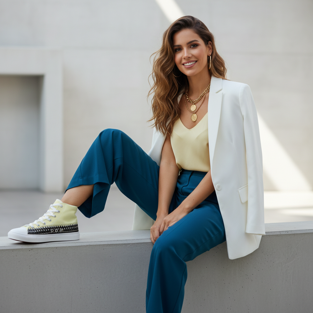 Beautiful woman with long hair in teal trousers yellow camisole white blazer with yellow shoes