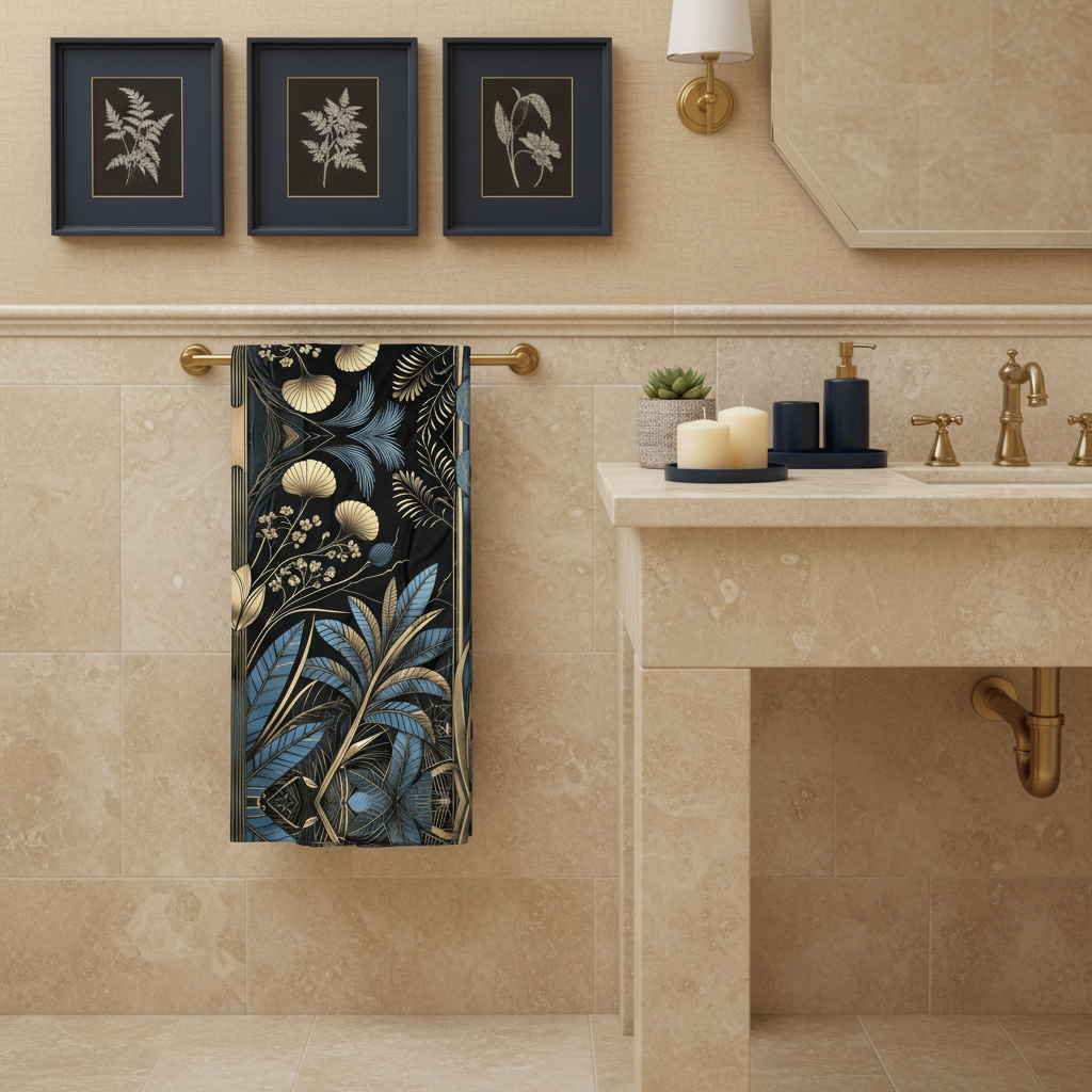 Art Deco Botanical Beach Towel - Navy Gold Palm Leaf - Luxury Spa