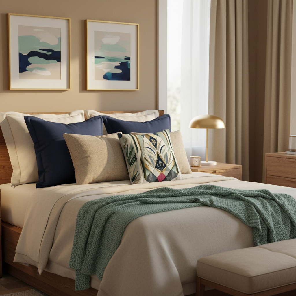 Beige bedroom with geometric pillow detail