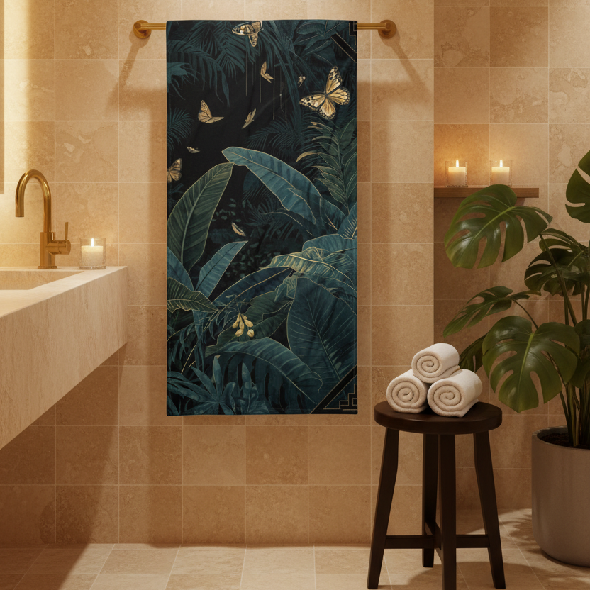 Beige spa bathroom with botanical towel