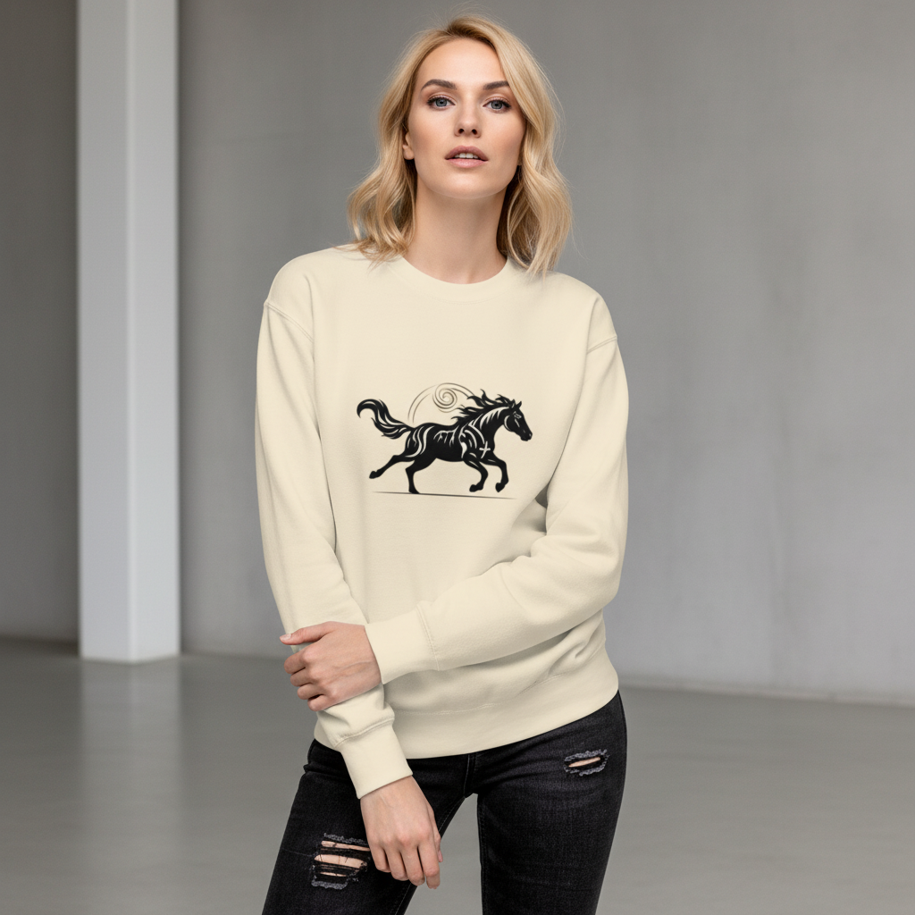Beige premium sweatshirt with black Wild Horse motif - Modern unisex sportswear with original running horse design