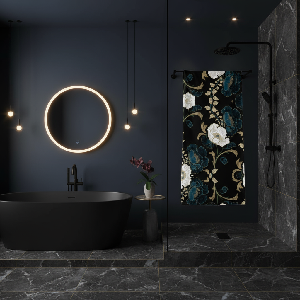 Beach Towel Teal & White Floral - Elegant Peony Pattern