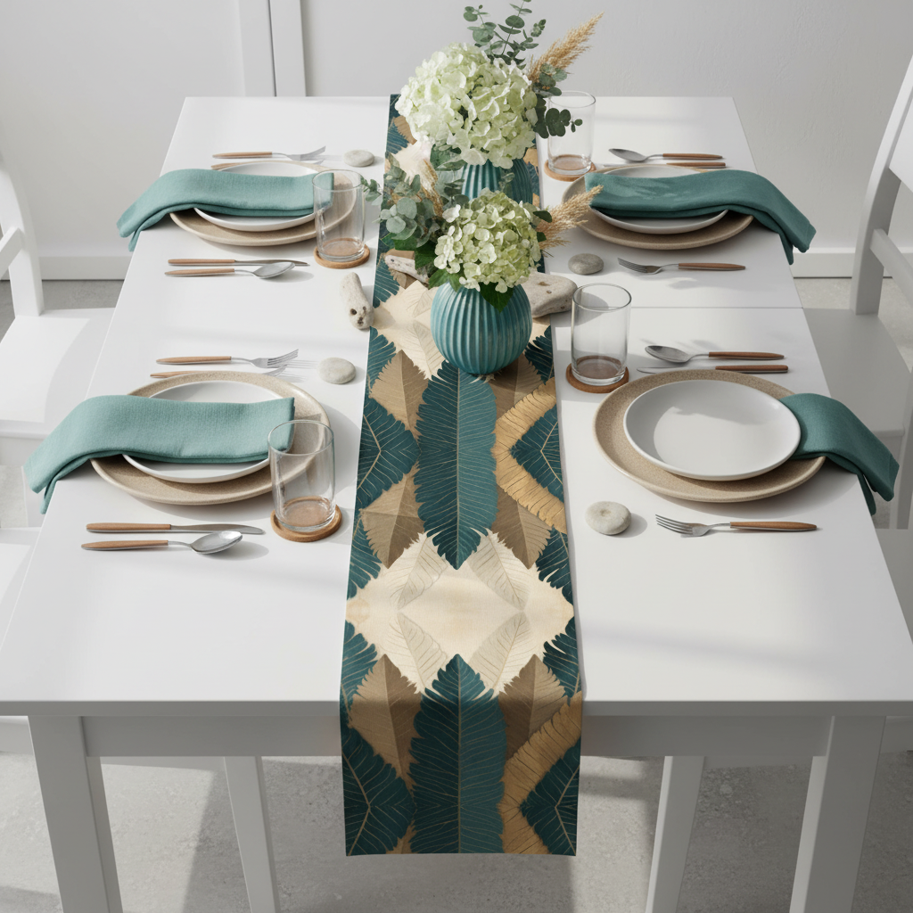 Bird's eye view of table with botanical runner and matching teal napkins and beige dishes