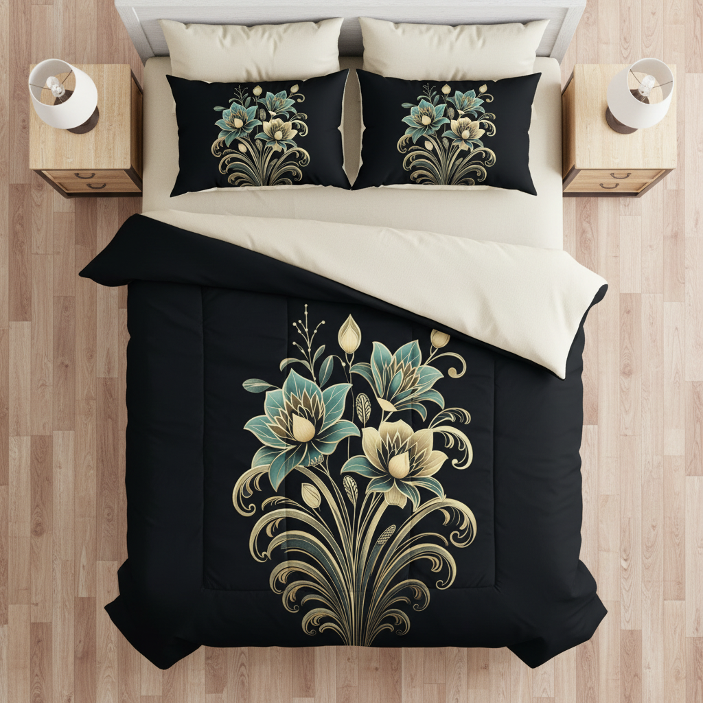 Bird's eye view queen bed sage gold floral comforter complete pattern visible botanical pillows