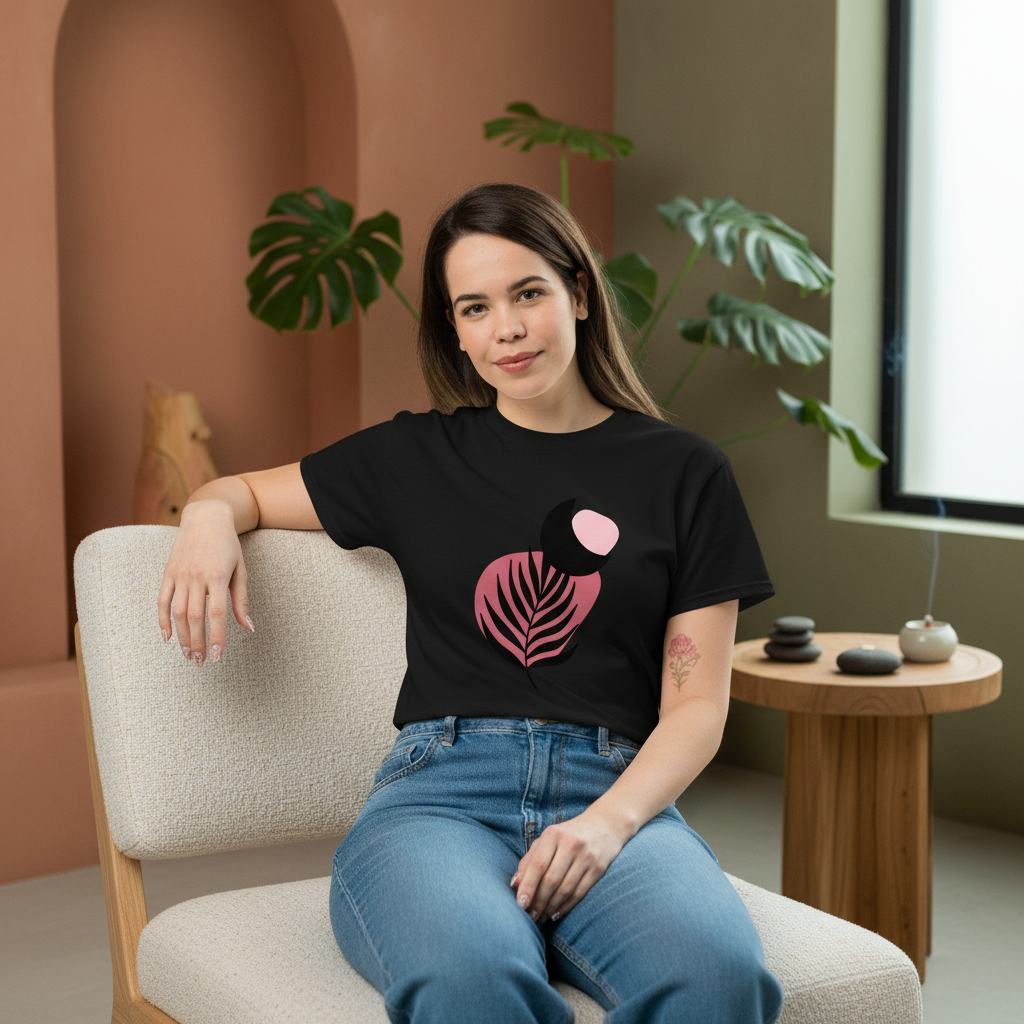 Pink Palm Leaf Moon T-Shirt - Bohemian Unisex Cotton Tee | Free Fashion Spirit