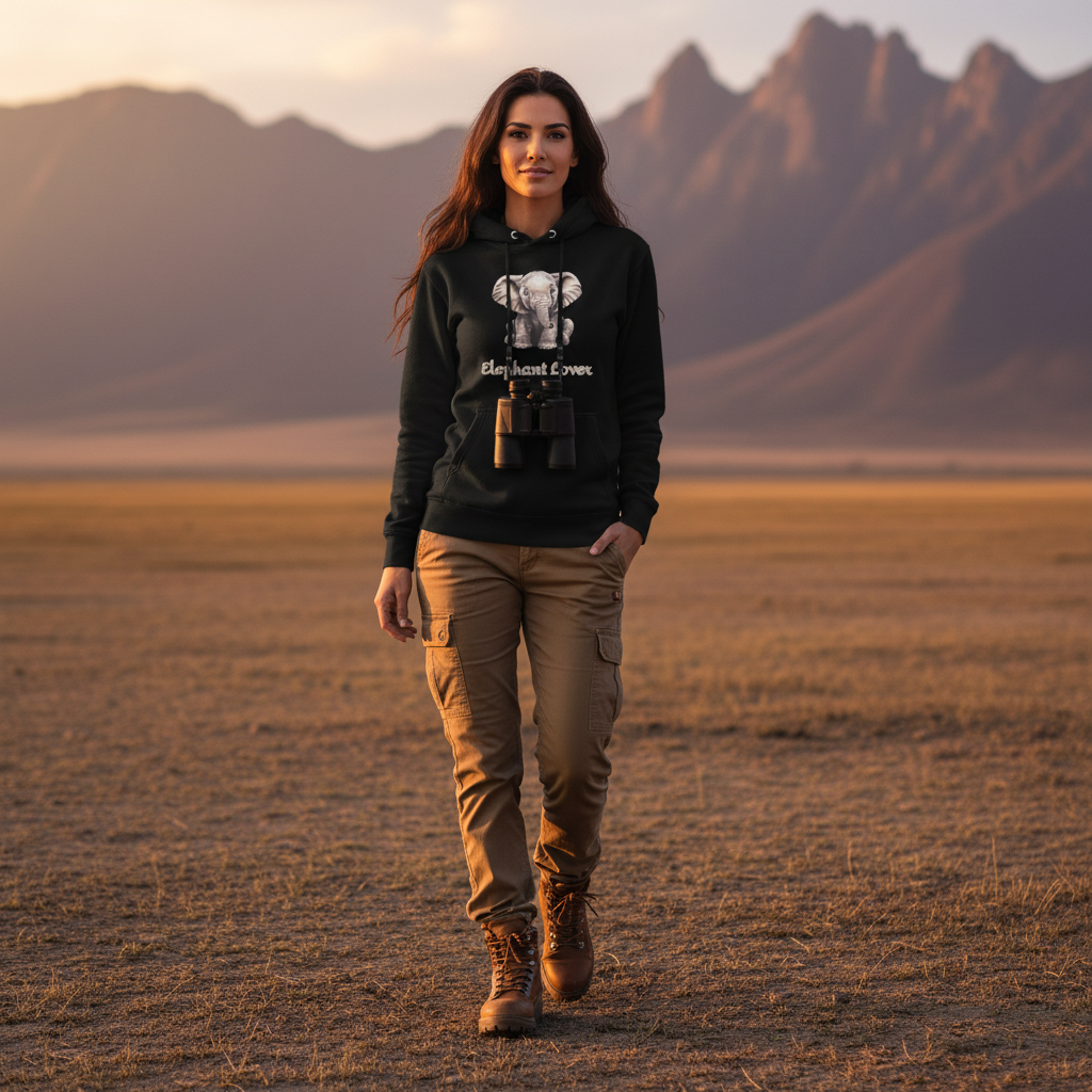 Black elephant hoodie khaki cargo pants hiking boots African savanna safari adventure
