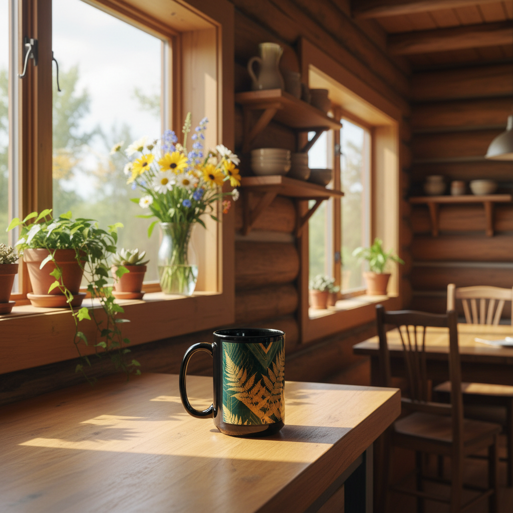 Black glossy mug with gold fern botanical design on emerald green background on a natural wood counter in a bright sunny log home kitchen with golden sunlight, green plants and fresh flowers