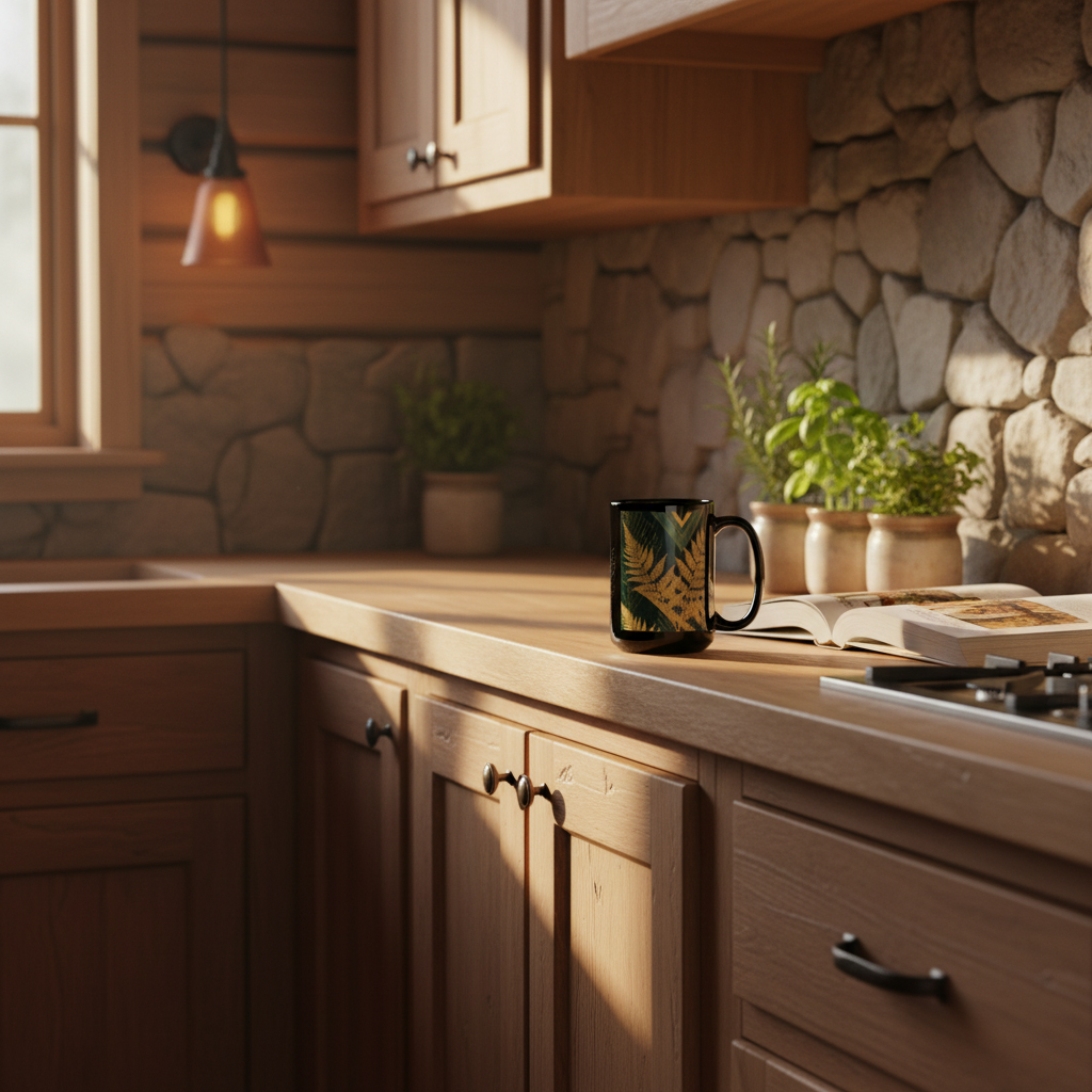 Black glossy mug with gold fern botanical design on emerald green background on a natural wood kitchen counter in a cozy rustic log home kitchen with warm morning light, stone backsplash and fresh herbs