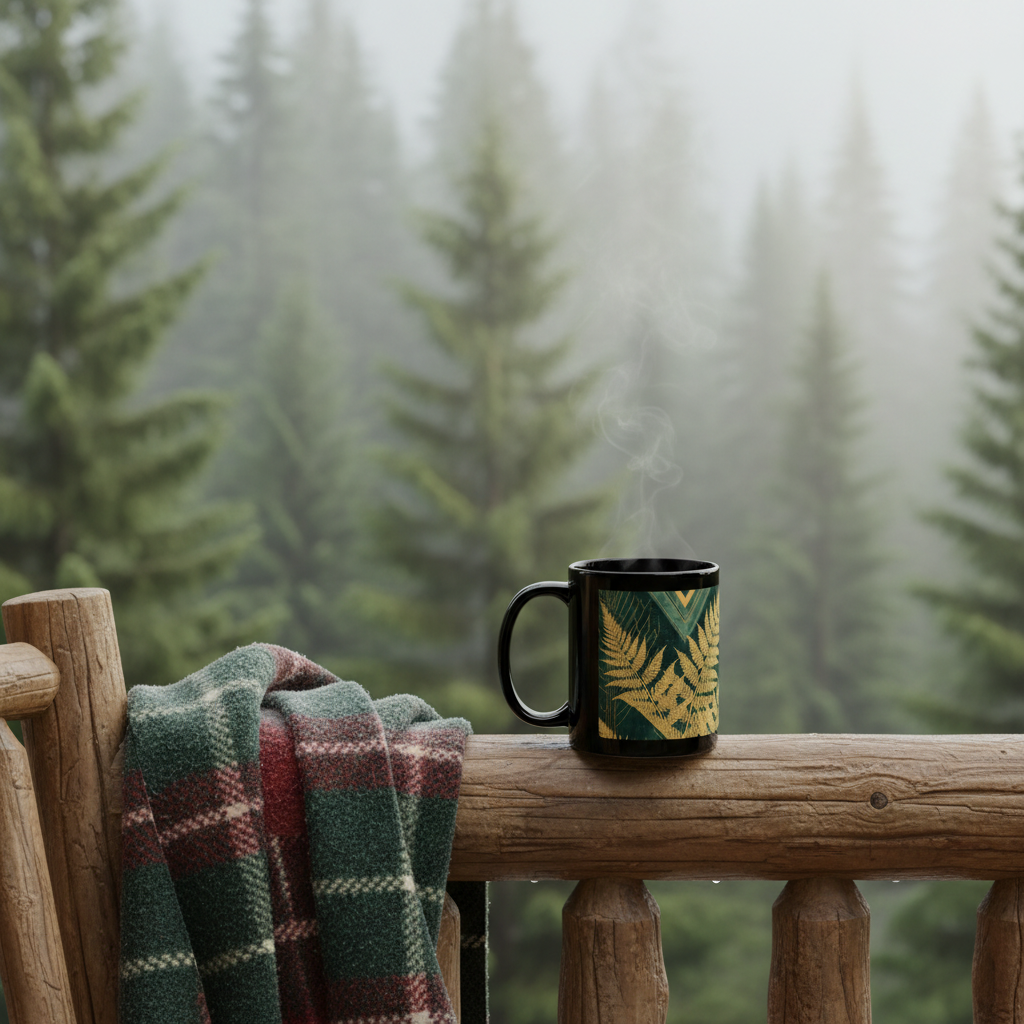 Black glossy mug with gold fern botanical design on emerald green background on a rustic wooden cabin terrace railing with misty pine forest in background and cozy plaid blanket