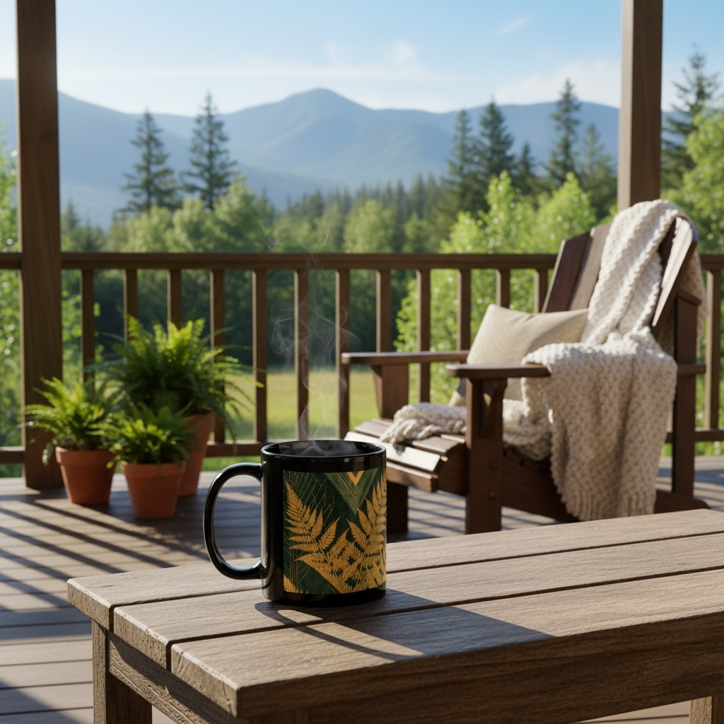 Black glossy mug with gold fern botanical design on emerald green background on a sunny log cabin terrace table with blue sky, lush green forest and mountains in background on a perfect summer morning