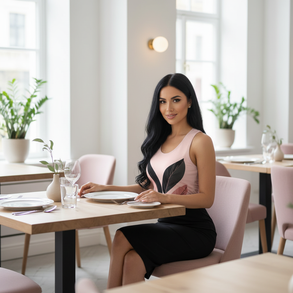 Black-haired woman in pink botanical leaf tank top and black pencil skirt sitting at table in Scandinavian restaurant
