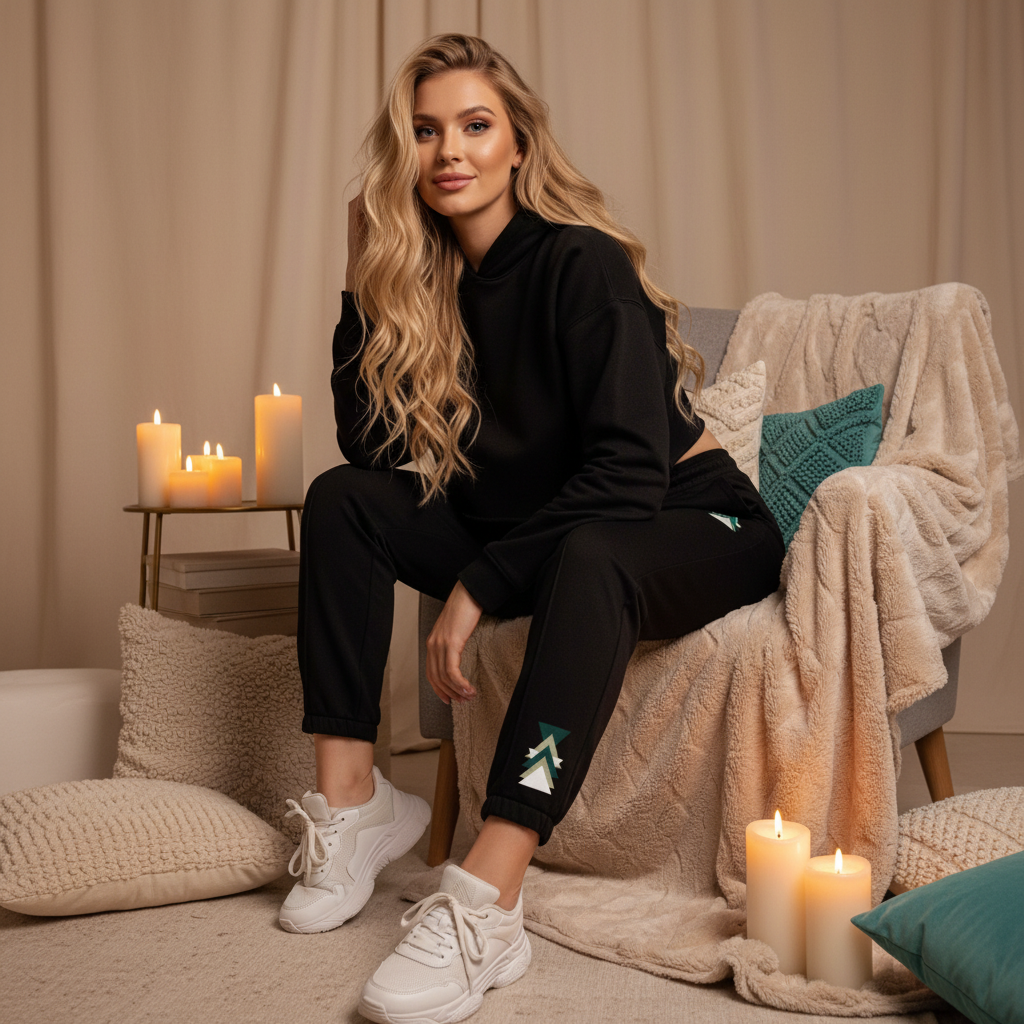 Black joggers with geometric triangle ankle cuffs styled in warm living room with fur throws and ambient lighting