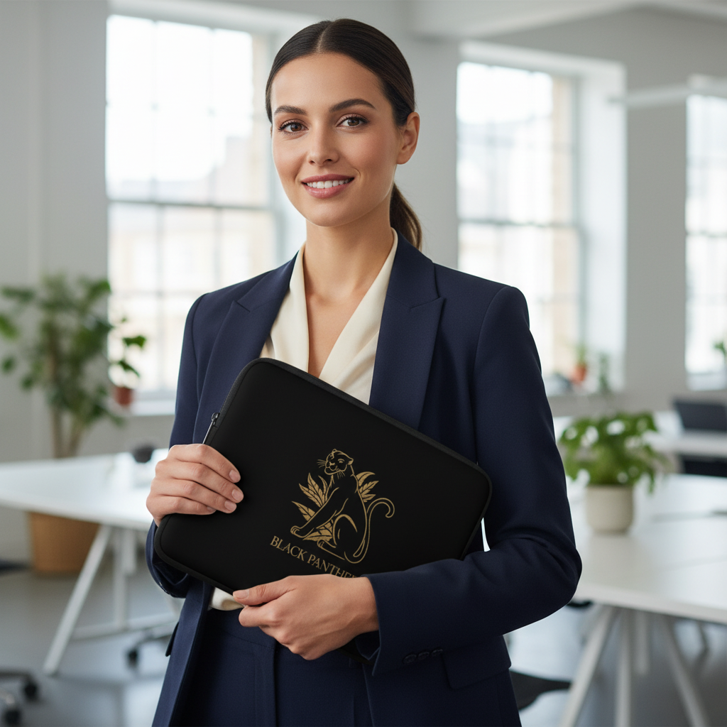 Black laptop sleeve with gold Black Panther design held by woman in square format