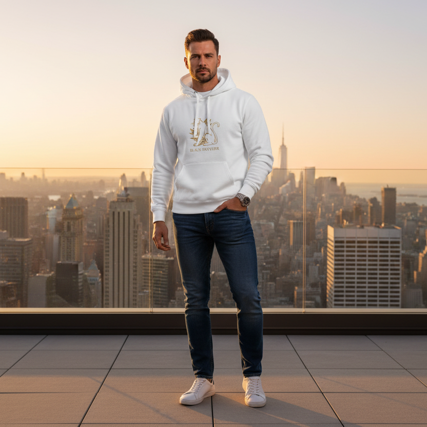 Confident man wearing white Black Panther premium hoodie styled with luxury menswear in sophisticated city setting