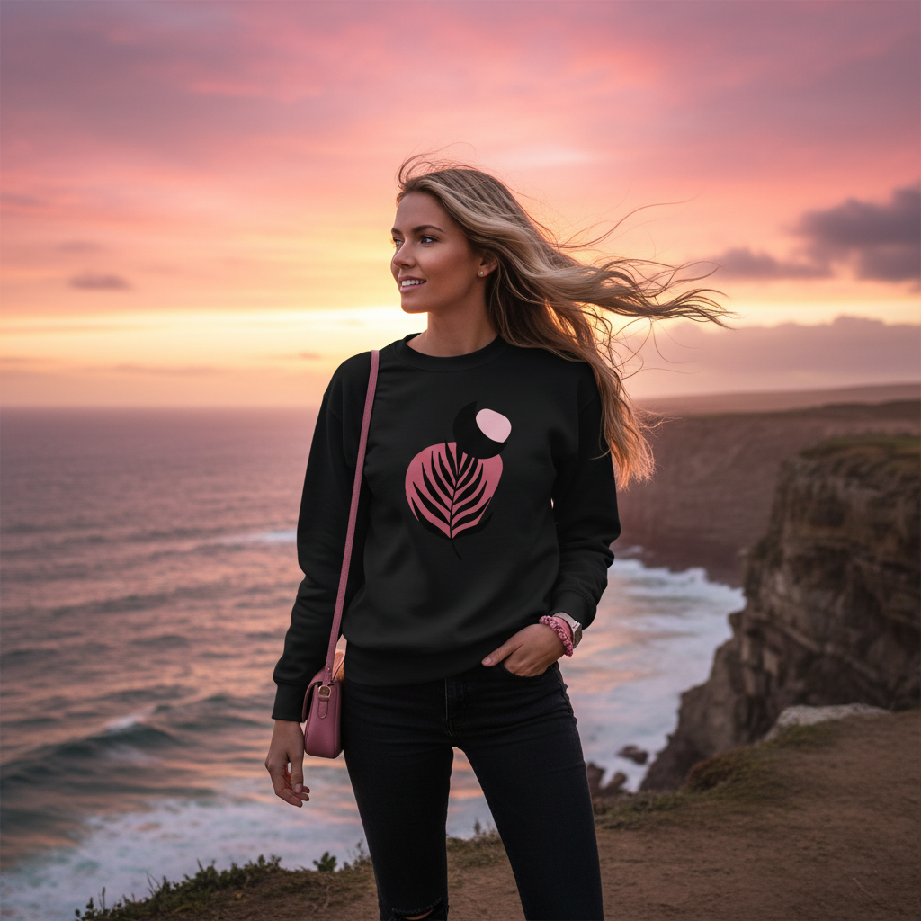 Black sweatshirt coastal cliff sunset scene