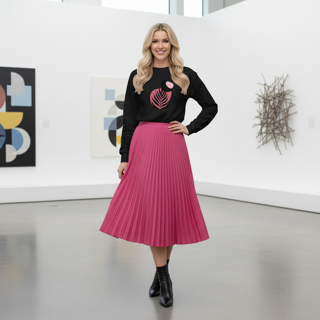 Black sweatshirt in art gallery with pink pleated skirt