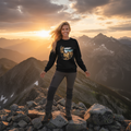 Black sweatshirt mountain summit sunrise dramatic peaks
