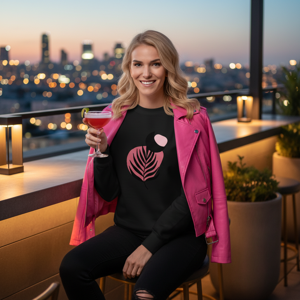 Black sweatshirt rooftop bar with pink leather jacket