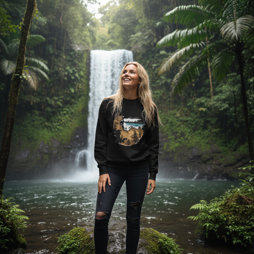 Black sweatshirt waterfall lush forest exploration