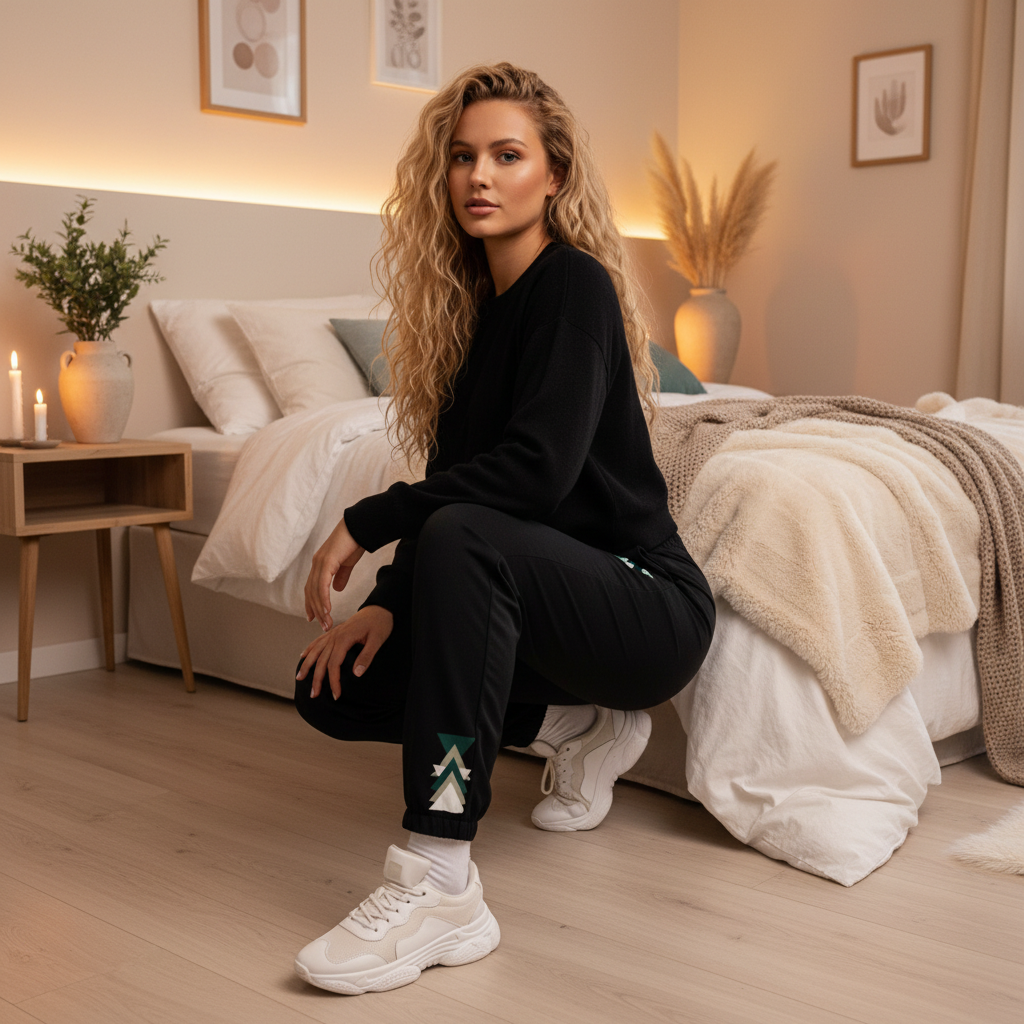 Black track pants with teal triangle pattern at ankles styled in cozy bedroom with candles and warm lighting