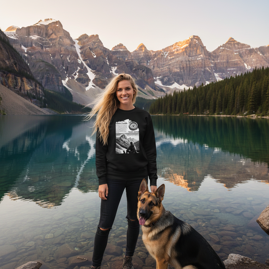 Black Travel Journal sweatshirt mountain lake with German shepherd sunset
