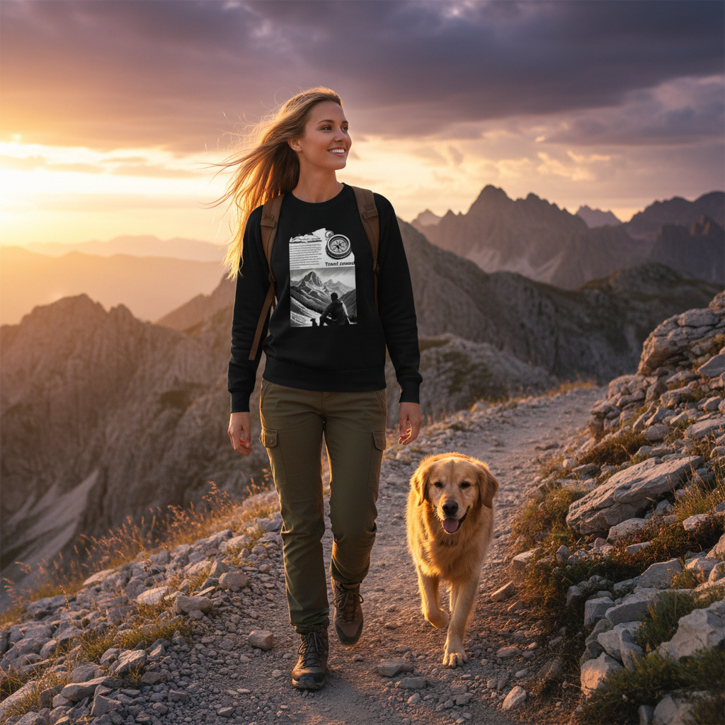 Black Travel Journal sweatshirt with olive hiking pants rocky trail