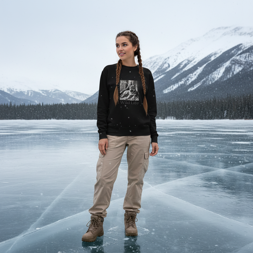 Black wolf sweatshirt braided hair woman frozen lake winter