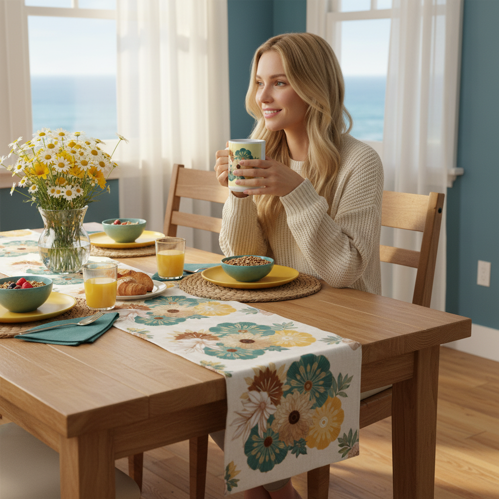 Blonde woman enjoying breakfast with floral mug at dining table