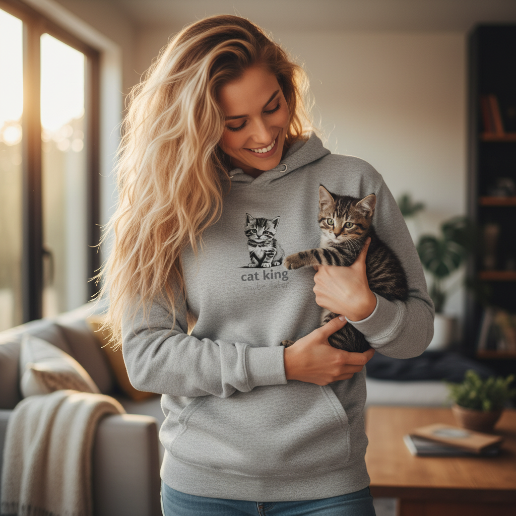 Blonde woman in carbon grey cat king hoodie with visible design holding kitten