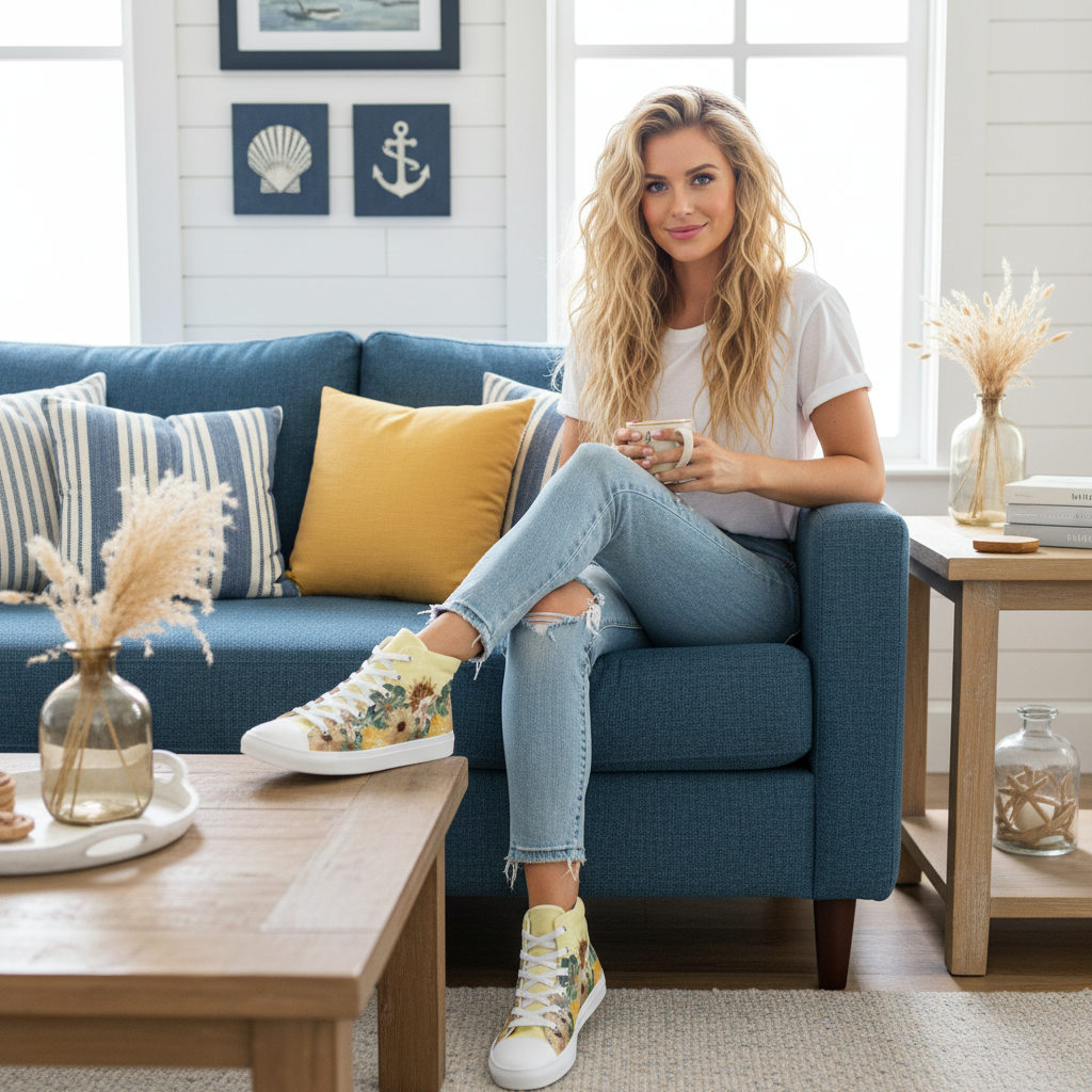 Blonde woman in floral sneakers with jeans on sofa